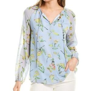 Adyson Parker NEW Blue with Yellow Floral Tunic Plus Size 1X Semi‎ Sheer Sleeves